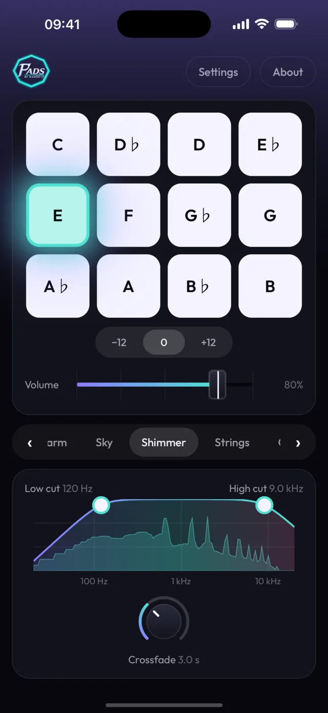 Pads app on iPhone: Shimmer in E with low cut and high cut