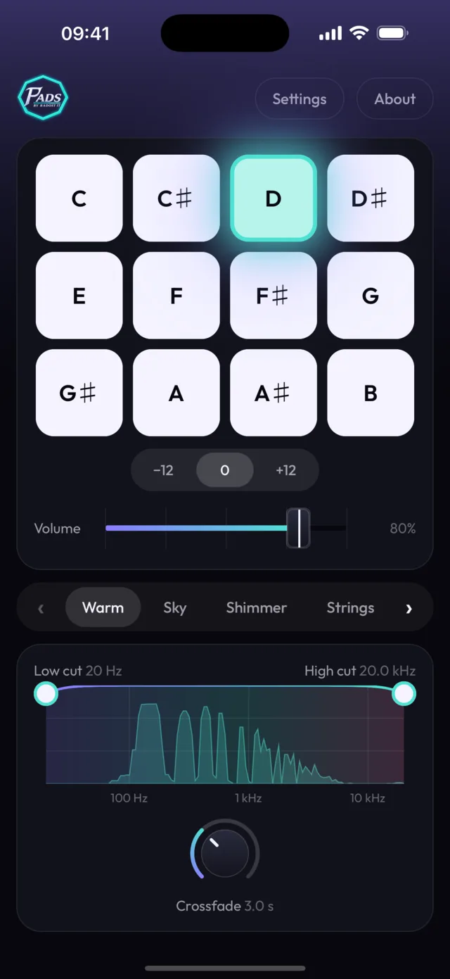 Pads app on iPhone: Warm in D